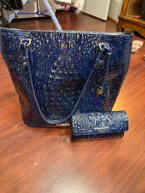 Brahmin Navy Iridescent Croc-Embossed Tote with Matching Wallet